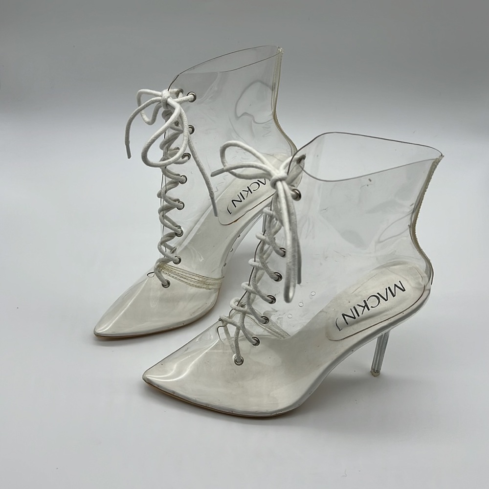 Mackin J Clear Lace Up Ankle Booties Lucite Stiletto Heels Size 6.5